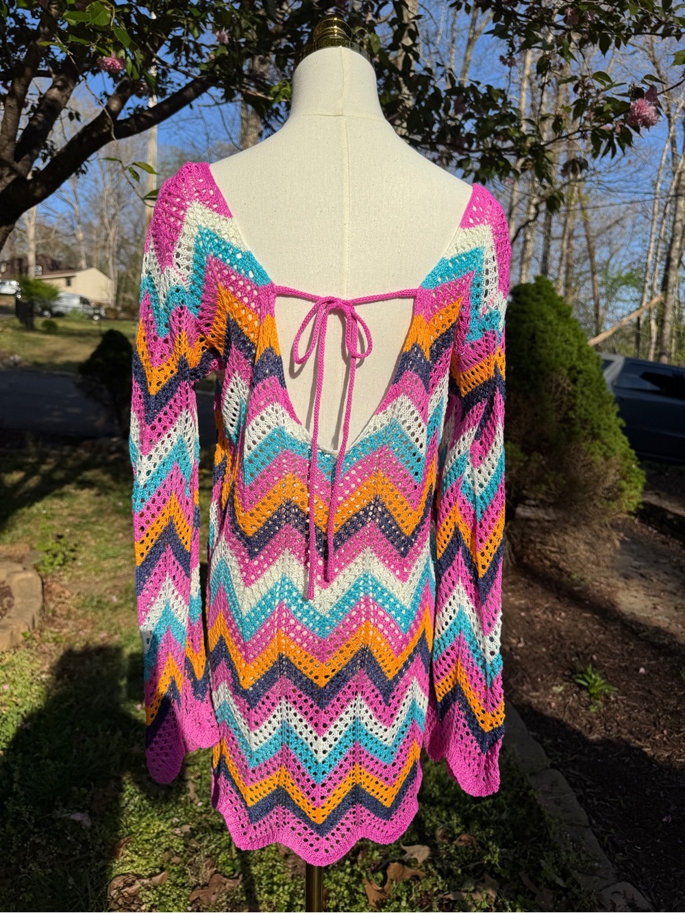 Colorful Crochet Chevron Swim Cover-Up Mini Dress Size Large Boho - Picture 3 of 12